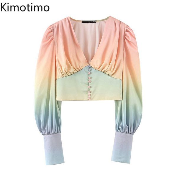 

kimotimo gradient long sleeve v-neck sweet chic blouse fashion summer autumn high street korean kawaii shirt blusas 2021 women's blouse, White