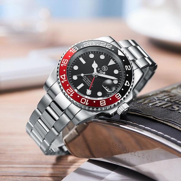 

wristwatches gmt 40mm mechanical mens watch tesen brand stainless steel sports waterproof dwater automatic relogio mascu, Slivery;brown