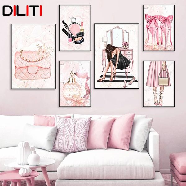 

paintings pink fashion high heels girl canvas painting lipstick perfume wall art pictures for living room posters and prints home decor