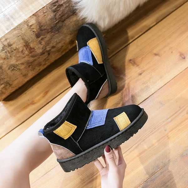 

snow boots woman 2021 winter thicken velvet women's cotton shoes flat slip-on non-slip ankle patchwork, Black