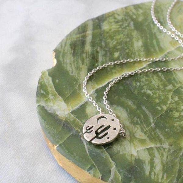 

pendant necklaces gold cactus necklace women moon star desert night charm classic tropical plant jewelry stainless steel chain, Silver