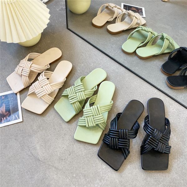 

women slippers new weave cross square head black flip flop flat shoes fashion leisure shoes summer beach sandals women slippers