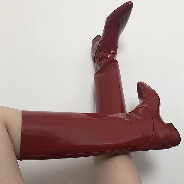 

boots brand fashion riding women's winter retro pointed toe patent leather knee high knight mid heels long1, Black