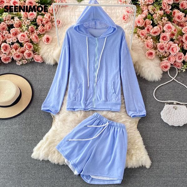 

women's tracksuits seenimoe 2021 autumn hoodie two piece set sportswear sports shorts sets women long sleeve jogging fitness tracksuit, Gray