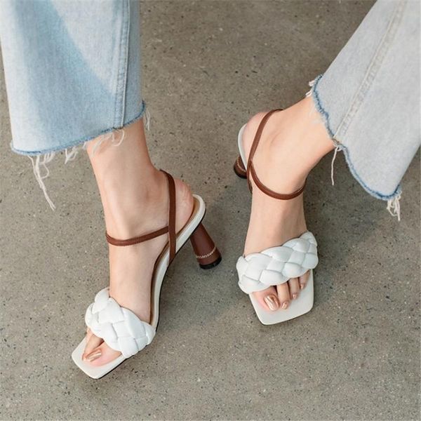 

celebrity weaving ankle strap women sandals genuine leather strange high heels party dress work office lady shoes summer, Black