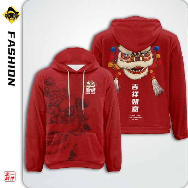 

men's hoodies & sweatshirts cartoon lion dance printed red couple women men flannel harajuku streetwear fashion casual sweatshirt overs, Black