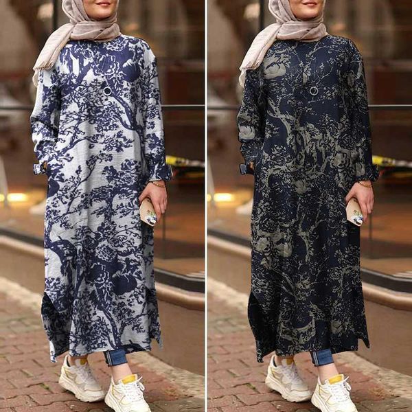 

casual dresses zanzea 2021 retro printed dress women's autumn muslim long sleeve maxi vestidos female o neck robe oversized, Black;gray