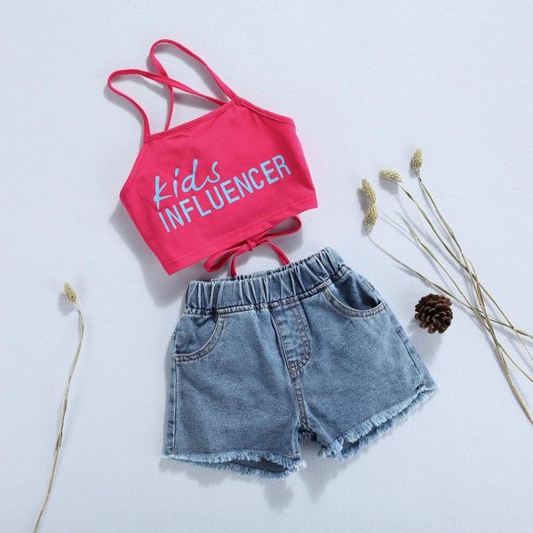 

clothing sets 2pcs kids baby girls clothes summer tracksuit letter cross strappy backless tank elastic waist denim shorts for 1-5 years, White