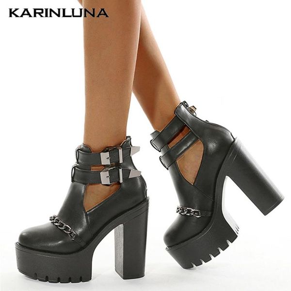 

boots drop gothic fashion shoes women buckle straps round toe chains square thick heels ankel platform footwear, Black