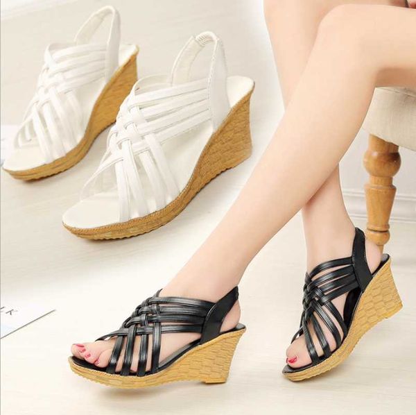 

summer fish mouth sandals women slope heel thick bottom roman pregnant women's large beach shoes, Black