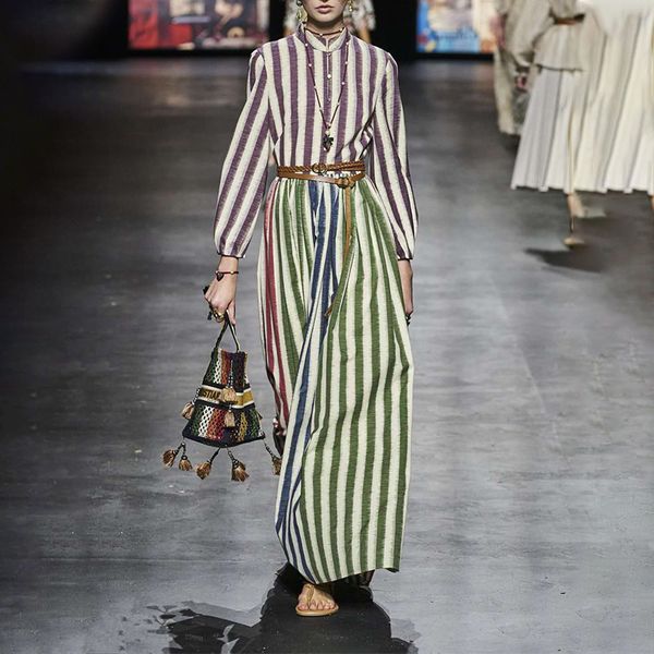 

msxu fashion retro-neck neck striped tie long female dress, Black;gray