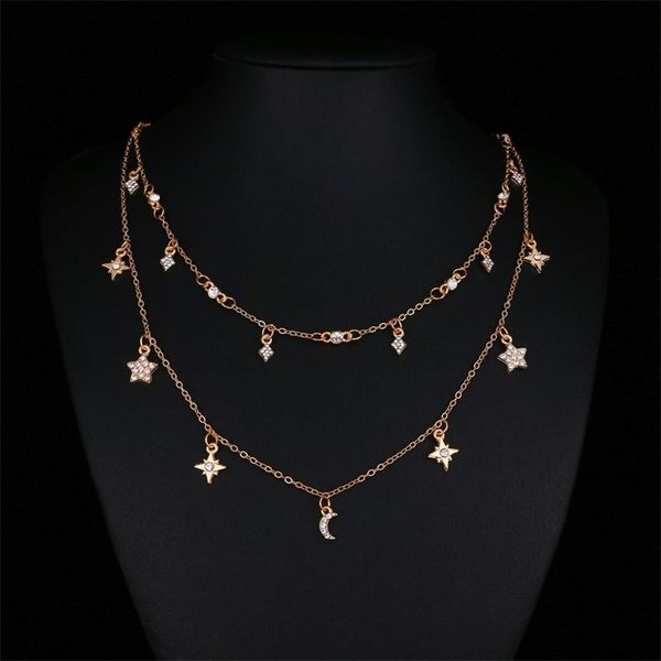 

chains vintage multilayer gold necklaces for women fashion moon star pendant crystal chain boho choker jewelry 2021, Silver