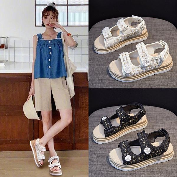 

sandals women platform 2021 summer sports flat heel knitted thick bottom 4cm beach fashion casual ladies shoes, Black