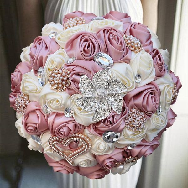 Декоративные цветы венки 1pcs/лот фиолетовый свадебный букет Ivory Satin Rose Artificial Brooch Braw Rainestone Bridal Bridal Bridal Bridal Bouque
