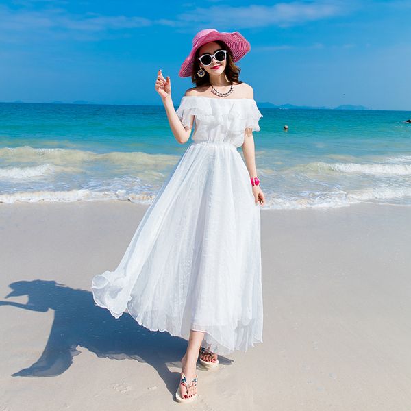 

dresses summer seaside holiday strapless chiffon dress one line collar off shoulder white beach thai long skirt, Black;gray