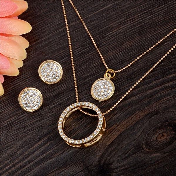 

earrings & necklace gold color austrian crystal classic hollow round 48cm pendant jewelry set, Silver