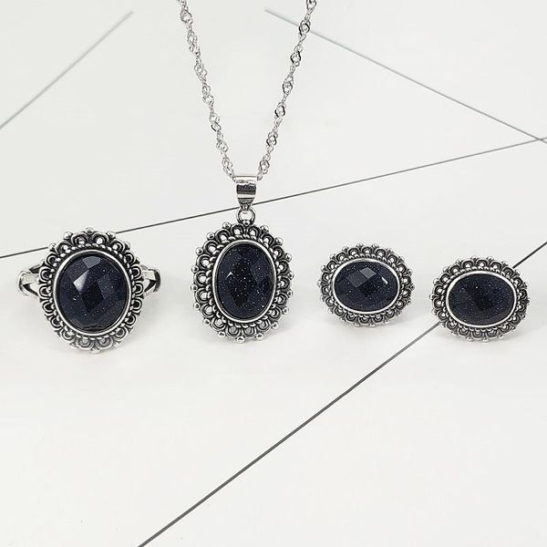 

bracelet, earrings & necklace real pure s925 silver jewelry set for women retro antique with multi choice natural gemstone fashion charm, Black