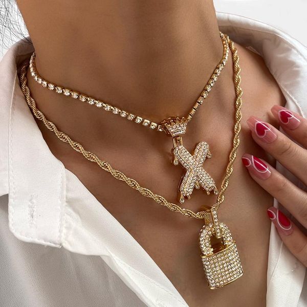 

chains 2pcs/set punk hiphop chunky crystal lock letter pendant necklace for women men golden thick metal twisted chain jewelry, Silver