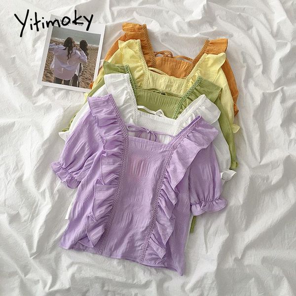 

women's blouses & shirts yitimoky vintage blouse women puff sleeve square collar purple straight 2021 spring casual lady korean fashio, White