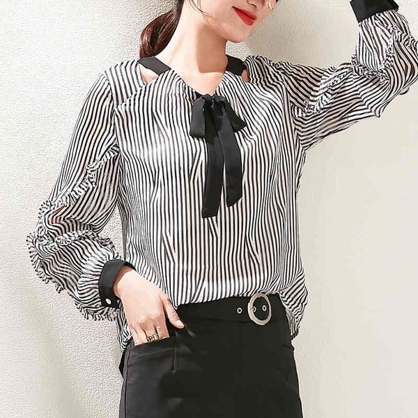 

women's blouses & shirts womens spring women chiffon blouse striped ruffled elegant lace bow long-sleeve shirt egw1, White