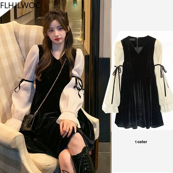 

casual dresses spring autumn chic fenimine vestidos women fashion french style design patchwork bow tie little black mini veet 1jd, Black;gray