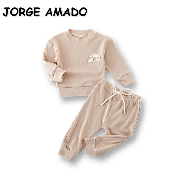 

spring baby waffle pajamas sets rainbow embroidery cotton long sleeve home wear kids clothes e49559 210610, Blue;red