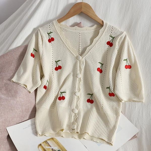 

women's knits & tees retro cherry embroidery hollow out t-shirt women summer v-neck puffs sleeve cardigan korean single breasted crop s, White