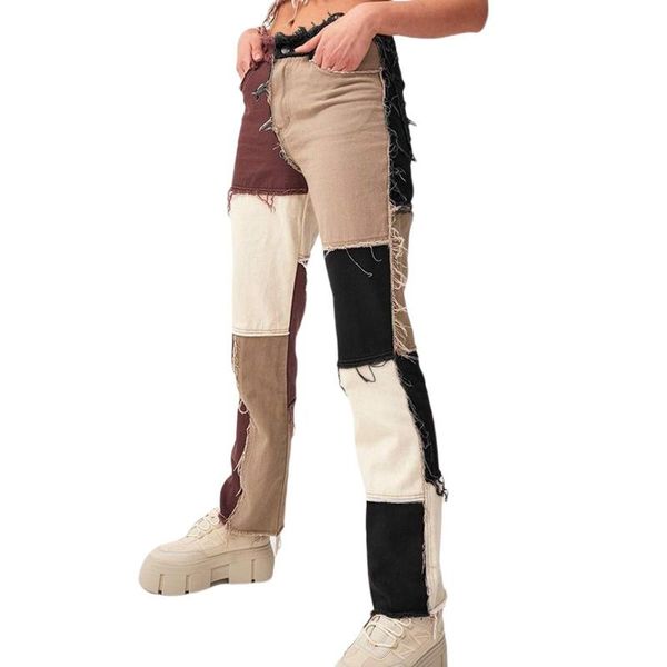 

patchwork high waist jeans straight denim pants women casual skinny ripped pocket long trousers ladies streetwear #t1g women's, Blue