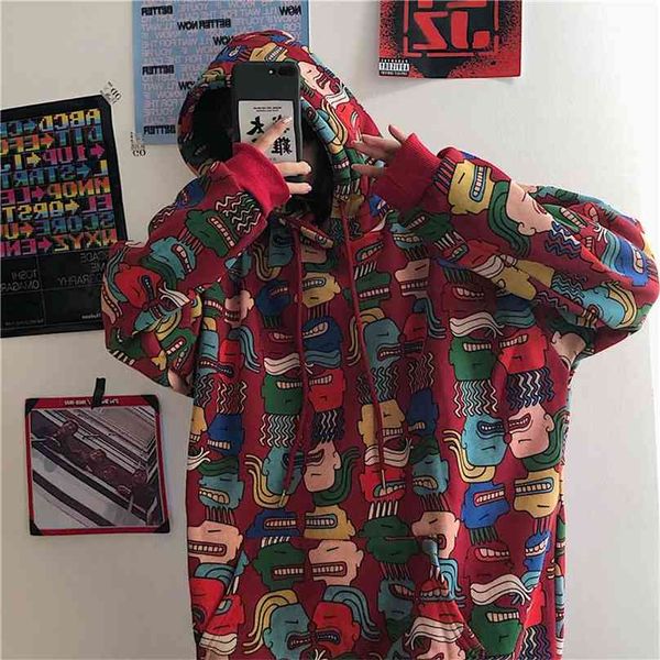 Vermelho Impressão Moletom Mulheres Gótico Hoodies Oversized Hoodie Harajuku Capa Kpop Hooded Loose BF Estudante Casaco Espera Mo Streetwear 210805