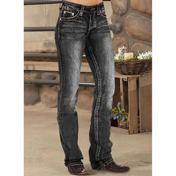 

women's jeans casual loose buttons zipper pockets mid waist polyester pants, Blue