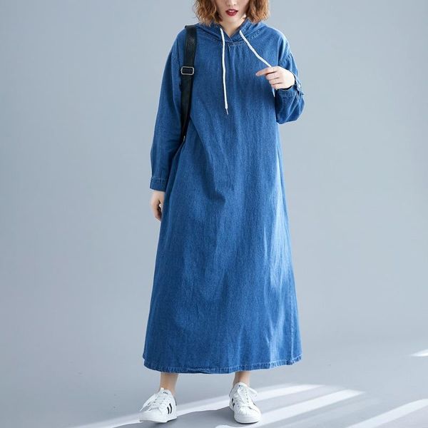 

casual dresses johnature korean denim loose for women 2021 spring hooded collar solid color pockets female jeans dress, Black;gray