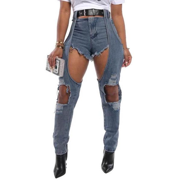 

women's jeans spliced fashion tassel high waist skinny distressed hollow out party club pencil pants, Blue