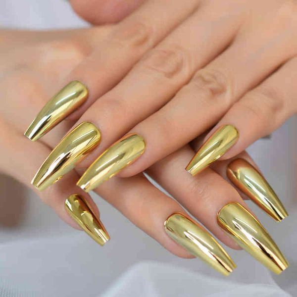 

false nails metallic coffin nail tips false nails long ballerina gold mirror fake press on full set for fingernail decorations 220225, Red;gold