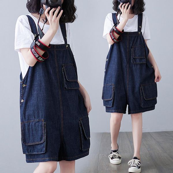 

women's jeans -2xl women denim strap wide leg pants summer suspenders belt shorts blue overalls