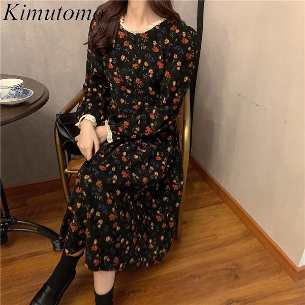 

kimutomo vintage dress women autumn winter female french style o-neck lace floral corduroy slim high waist vestido 210521, Black;gray