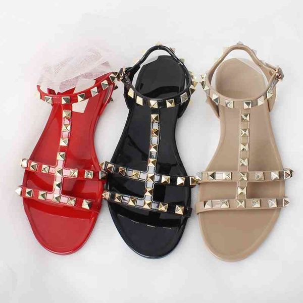 

v 2021 summer new flat bottomed beach shoes women bottom with anti slip rivet sandals, Black
