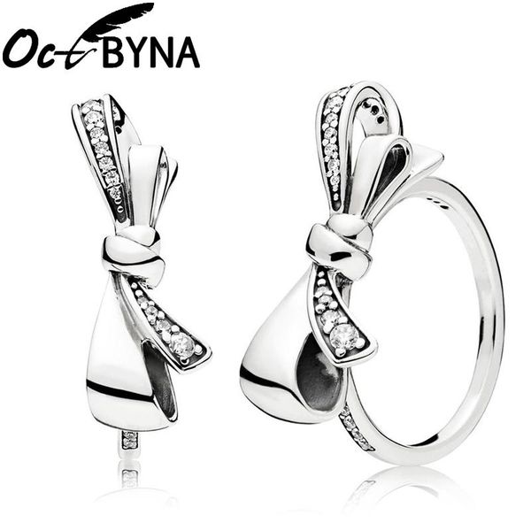 

wedding rings octbyna classic silver color bow-knot ring for women engagement cubic zirconia party jewelry valentine's day gift, Slivery;golden
