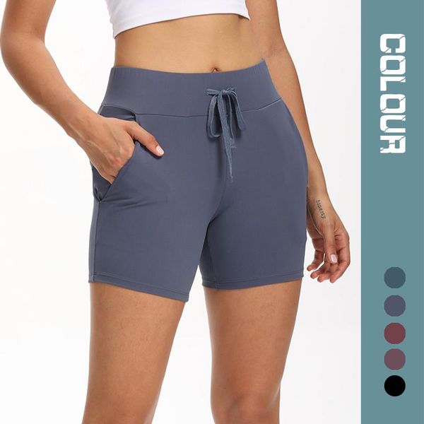 

gym shorts solid color high waist elastic straps women stretch training pocket fitness workout yoga outfit