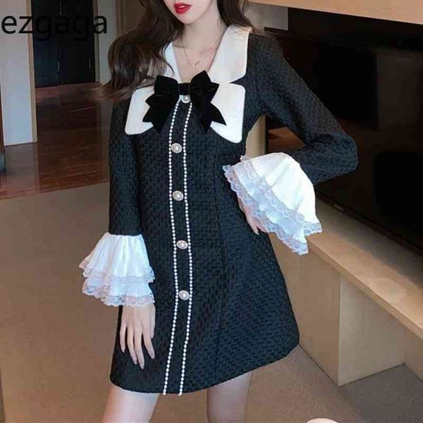 

ezgaga vintage party dress women elegant peter pan collar flare sleeve contrast patchwork office lady dresses fashion vestidos 210430, Black;gray