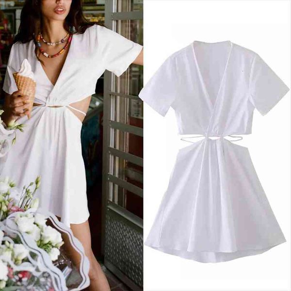 

za dress women cut out white short dresses woman summer fashion short sleeve mini dress chic tied dresses, Black;gray