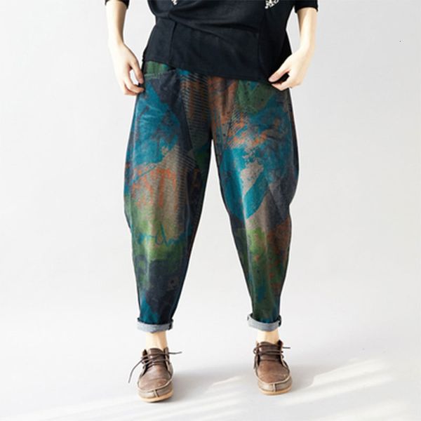 

autumn gears for women loose waist print cotton deniharem jeans vintage plus casual female size m621, Blue