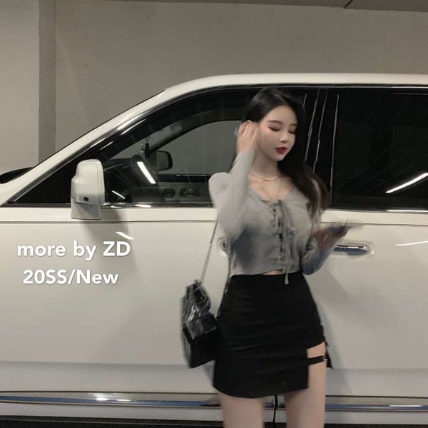 

party dresses t-shirt women's korean version chic girl bandage v-neck grey with long sleeve spring short tight bottomed shirt j77m, White;black