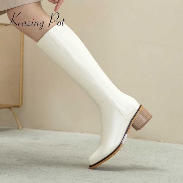 

boots krazing pot real cow leather round toe high heels classic colors gentlewomen daily wear winter keep warm thigh l91, Black