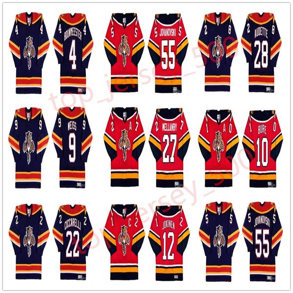 

vintage florida panthers jerseys 8 peter worrell 9 stephen weiss 27 scott mellanby 3 paul laus 55 ed jovanovski 12 olli jokinen retro hockey, Black;red