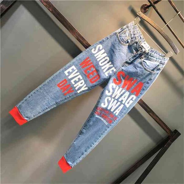 

2021 spring new fashion spray paint letters printing high waist loose feet harem jeans women, Blue
