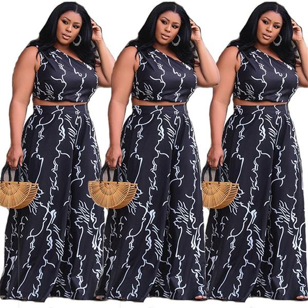 

plus size tracksuits 3xl 4xl two piece set women summer wholesale single sleeve vest wide leg pants print matching suit drop, Black