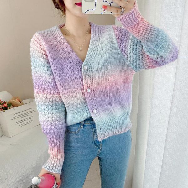 

women's knits & tees lady tie-dye sweater 2021 winter gradually change color rainbow knit cropped cardigan female version loose sweet w, White
