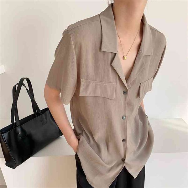 

korean office fashionable lady wild women summer blouses shirts buttons chic vintage oversize 210430, White