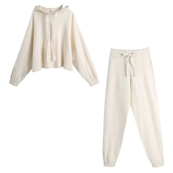 

women two piece set knitted sweatshirt hoodie pullover & jogging trousers jogger woman 2 piece set outfits 210709, White