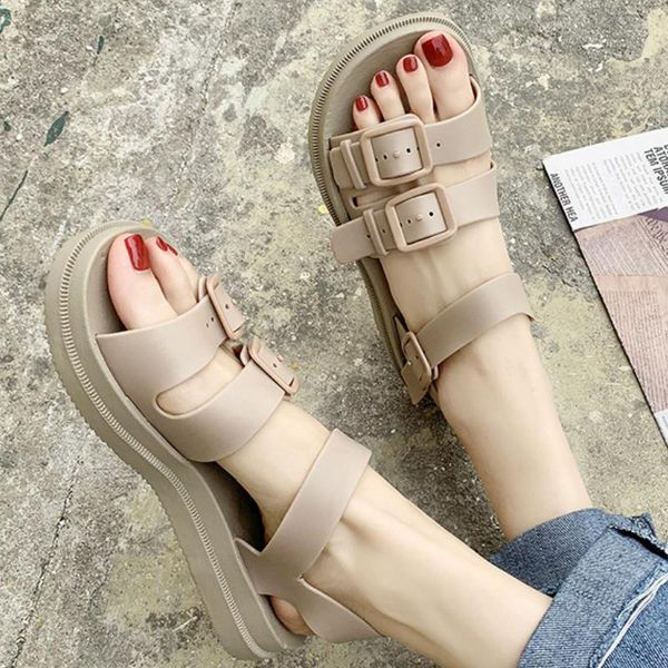 

sandals summer women wedges low heel platform adjustable buckle casual solid beach female ladies shoes peep toe zapatos de mujer, Black